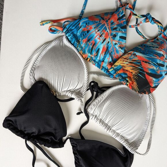 Bikini Top Bundle (3) Size Large Black White Stripe Tropical Print Size Large - Picture 2 of 8